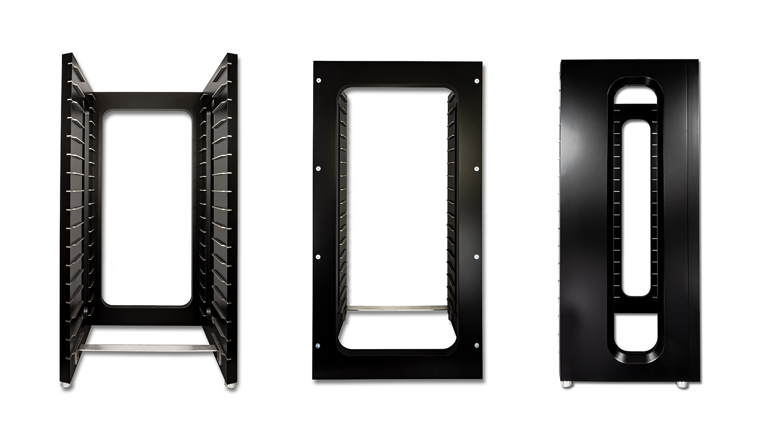Rahmen des THIXAR HiFi-Racks Serenity Plus L in schwarz matt (Vorderansicht, Rückseite, Seitenperspektive).